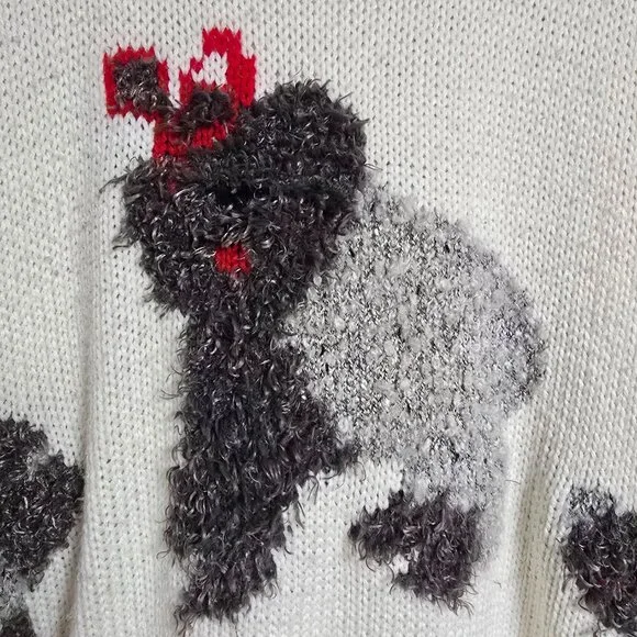 Vintage 90s Dog Sweater Fuzzy Knit Crewneck Medium White Red Poodle Holiday - Picture 3 of 8